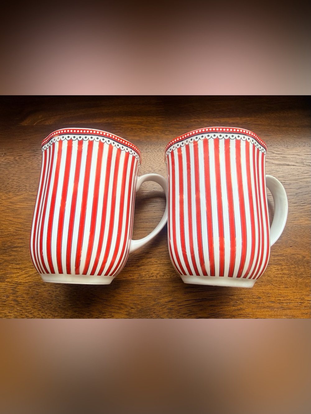 Red, White, and Gold Striped Ceramic Festive Holiday Mugs - Set of 2